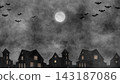 Dark gray atmospheric Halloween night scene with a full moon, flying bats, silhouetted houses, glowing windows, and textured cloudy sky. Dark gray atmospheric Halloween night scene with a full moon, flying bats, silhouetted houses, glowing windows, and textured cloudy sky. 143187086