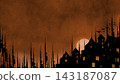 Warm orange Halloween night landscape with a glowing moon, dark village silhouettes, tall trees, flying bats, and illuminated windows. Warm orange Halloween night landscape with a glowing moon, dark village silhouettes, tall trees, flying bats, and illuminated windows. 143187087