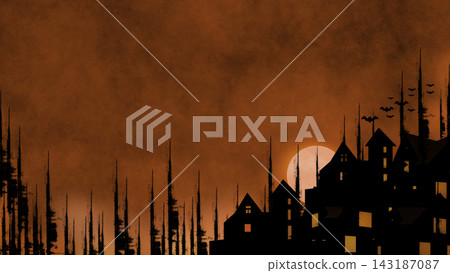Warm orange Halloween night landscape with a glowing moon, dark village silhouettes, tall trees, flying bats, and illuminated windows. Warm orange Halloween night landscape with a glowing moon, dark village silhouettes, tall trees, flying bats, and illuminated windows. 143187087