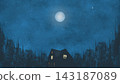 Blue atmospheric night background featuring a dark house with glowing windows, a soft full moon, stars, and surrounding forest silhouettes. Blue atmospheric night background featuring a dark house with glowing windows, a soft full moon, stars, and surrounding forest silhouettes. 143187089