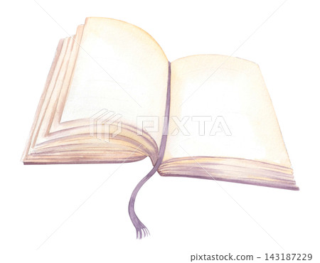 Close-up of open watercolor book with soft pastel pages, purple ribbon bookmark, and visible paper texture on curved spine. Handmade watercolor object. Close-up of open watercolor book with soft pastel pages, purple ribbon bookmark, and visible paper texture on curved spine. Handmade watercolor object. 143187229