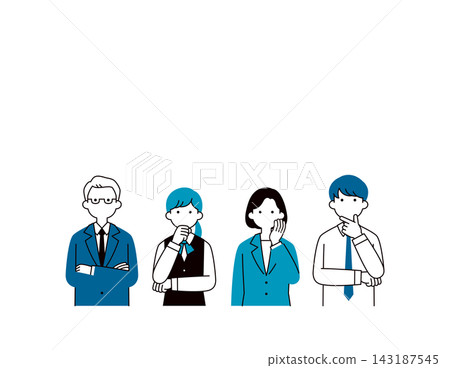 A set of upper body vector illustrations of business owners, male employees, and female office workers in troubled, worried, or thinking poses. A set of upper body vector illustrations of business owners, male employees, and female office workers in troubled, worried, or thinking poses. 143187545