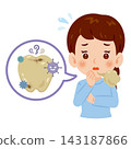 An illustration of the upper body of a woman with dirty teeth and bad breath. 143187866