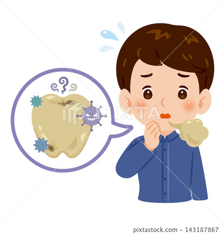 An illustration of the upper body of a man with dirty teeth and bad breath. 143187867