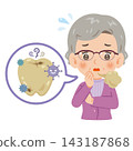 An illustration of the upper body of a senior woman with dirty teeth and bad breath. 143187868