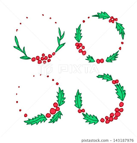 Hand-drawn color vector illustration. A set of round frames for New Year, Christmas design. Holly branches, leaves and berries. For prints, stickers, labels, postcards. Hand-drawn color vector illustration. A set of round frames for New Year, Christmas design. Holly branches, leaves and berries. For prints, stickers, labels, postcards. 143187976
