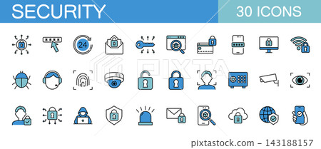 Line icon set for cybersecurity, network, data protection, and home security (color) Line icon set for cybersecurity, network, data protection, and home security (color) 143188157