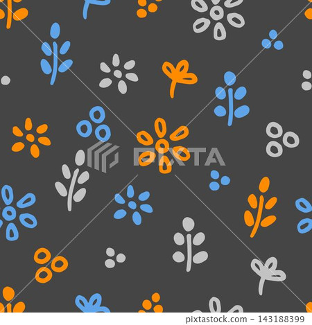Simple floral vector seamless pattern. Orange, blue, gray flowers, twigs, leaves on a dark gray background. For prints of fabric, textile products, clothing. Simple floral vector seamless pattern. Orange, blue, gray flowers, twigs, leaves on a dark gray background. For prints of fabric, textile products, clothing. 143188399