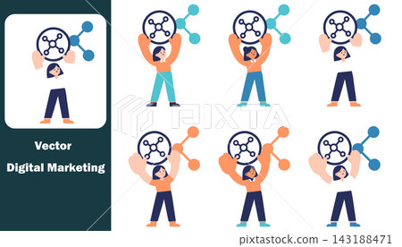 Digital marketers analyzing data trends with creative brainstorming icons 143188471