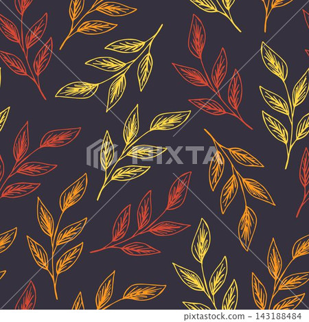 Hand-drawn floral vector seamless pattern. Orange, yellow foliage on a dark purple background. For seasonal fall design, fabric prints, textile products, apparel. 143188484