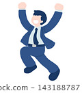 A flat illustration of a business person [male] running and jumping with apparent enjoyment. 143188787