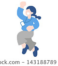 A flat illustration of a businesswoman running and jumping with apparent enjoyment. 143188789