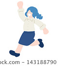 A flat illustration of a businesswoman running and jumping with apparent enjoyment. 143188790