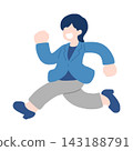 A flat illustration of a businesswoman running and jumping with apparent enjoyment. 143188791