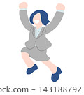 A flat illustration of a businesswoman running and jumping with apparent enjoyment. 143188792
