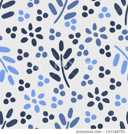 Simple abstract floral vector seamless pattern in blue gray colors. Twigs, dots, flowers in doodle style. For prints of fabric, textile products, packaging. Simple abstract floral vector seamless pattern in blue gray colors. Twigs, dots, flowers in doodle style. For prints of fabric, textile products, packaging. 143188795