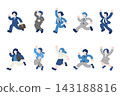 A set of flat illustrations of business people running and jumping with apparent enjoyment. 143188816