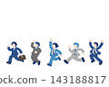 A set of flat illustrations of a male businessperson running and jumping with apparent enjoyment. 143188817