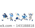 A set of flat illustrations of a businesswoman running and jumping with apparent enjoyment. 143188818