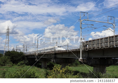 新幹線子彈列車飛馳在高架橋上,背景是藍天白雲。 新幹線子彈列車飛馳在高架橋上,背景是藍天白雲。 143188837