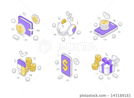 Financial Technology And Digital Savings Isometric Vector Illustration Icon Set 143189181