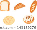 Bread set: Illustration of sliced bread, croissant, baguette, melon bread, and cinnamon roll. 143189276