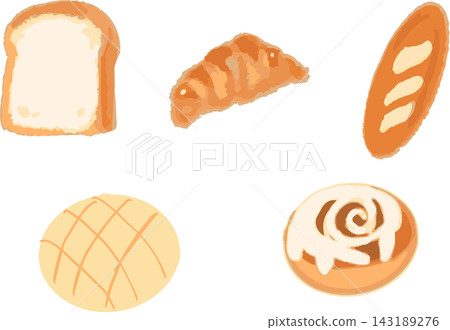 Bread set: Illustration of sliced bread, croissant, baguette, melon bread, and cinnamon roll. Bread set: Illustration of sliced bread, croissant, baguette, melon bread, and cinnamon roll. 143189276
