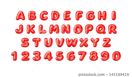 Red 3d alphabet and numbers in bubble lettering Red 3d alphabet and numbers in bubble lettering 143189419