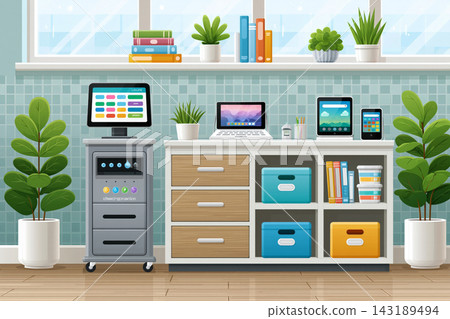 Educational scene: classroom activity area with digital learning station, charging cart, tablets and Educational scene: classroom activity area with digital learning station, charging cart, tablets and 143189494