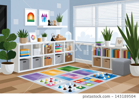 Modern artwork of classroom activity area with colorful educational games, activity mats, organized 143189504