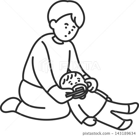 An illustration of a father brushing his child's teeth (line drawing only). An illustration of a father brushing his child's teeth (line drawing only). 143189634