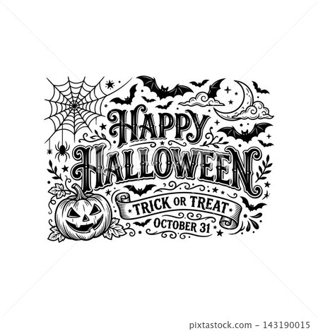 Vintage style hand drawn Happy Halloween illustration with pumpkin and bats. Vintage style hand drawn Happy Halloween illustration with pumpkin and bats. 143190015