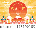 A cute New Year's background illustration featuring a lucky cat, Mount Fuji, and a sunrise. 143190165
