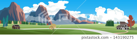 Rolling hills dotted with scattered houses. Path winds along the curve of the green slopes with trees growing here and there. Towering mountain shrouded in mist. Under white clouds and blue sky. 143190275