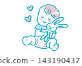 A smiling baby holding a rabbit plush toy, hand-drawn illustration. A smiling baby holding a rabbit plush toy, hand-drawn illustration. 143190437