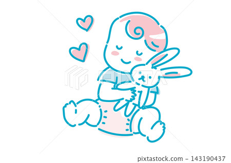 A smiling baby holding a rabbit plush toy, hand-drawn illustration. A smiling baby holding a rabbit plush toy, hand-drawn illustration. 143190437