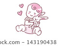 A smiling baby holding a rabbit plush toy, hand-drawn illustration. A smiling baby holding a rabbit plush toy, hand-drawn illustration. 143190438
