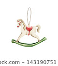 Watercolor vintage rocking horse Christmas ornament isolated on white background. Hand drawn retro wooden toy illustration for cozy winter greeting cards. Detailed realistic retro element for baby nur 143190751