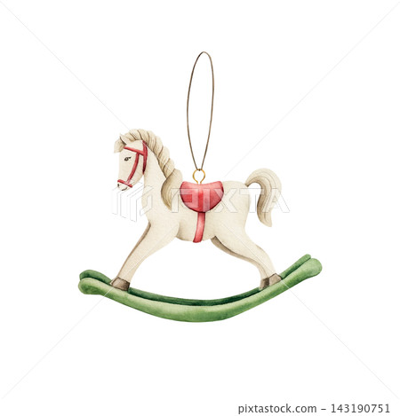 Watercolor vintage rocking horse Christmas ornament isolated on white background. Hand drawn retro wooden toy illustration for cozy winter greeting cards. Detailed realistic retro element for baby nur Watercolor vintage rocking horse Christmas ornament isolated on white background. Hand drawn retro wooden toy illustration for cozy winter greeting cards. Detailed realistic retro element for baby nur 143190751