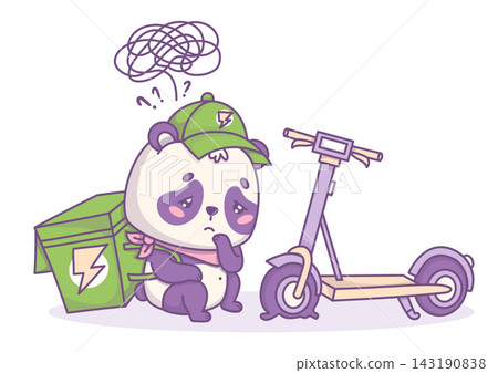 Panda Kawaii Courier Sitting Sad Near Electric Scooter Flat Tire with Thermal Backpack. Cute Delivery Bear Mascot Character in Confusion. Vector Illustration. Error State, Delayed Delivery UI Concept. Panda Kawaii Courier Sitting Sad Near Electric Scooter Flat Tire with Thermal Backpack. Cute Delivery Bear Mascot Character in Confusion. Vector Illustration. Error State, Delayed Delivery UI Concept. 143190838