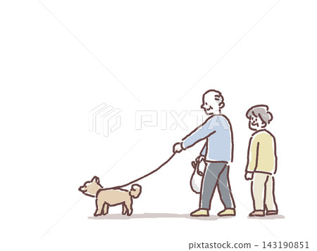 An elderly couple returning from shopping while walking their dog. An elderly couple returning from shopping while walking their dog. 143190851