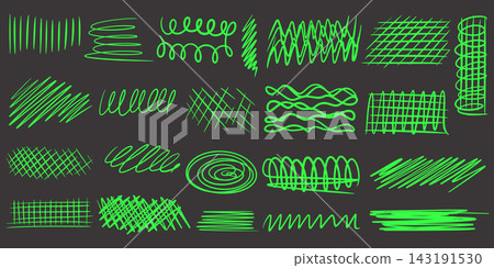Set ink lines, hatching, waves, zigzags, and swirls in neon green Set ink lines, hatching, waves, zigzags, and swirls in neon green 143191530