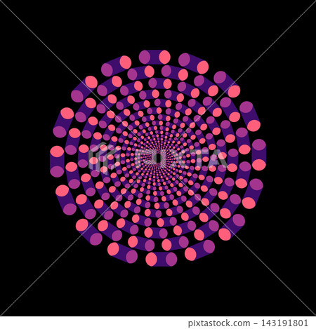 dynamic circular motion pattern composed of repeated violet and coral cylindrical shapes arranged in concentric radiating rings on black backdrop. 143191801