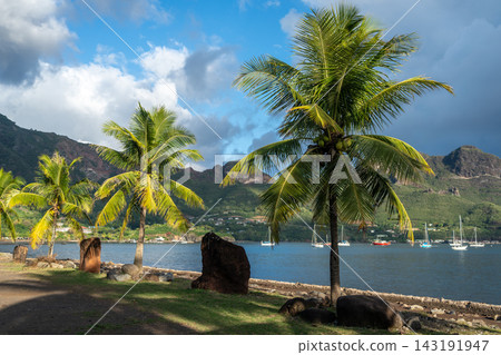 Taiohae Bay and beach with coconut trees in Nuku Hiva, Marquesas, French Polynesia Taiohae Bay and beach with coconut trees in Nuku Hiva, Marquesas, French Polynesia 143191947
