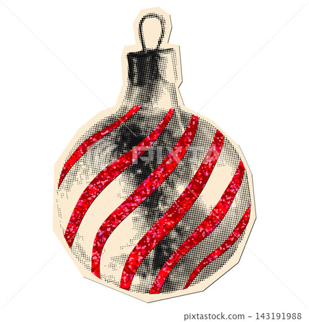 Christmas ball ornament with wavy red stripes. Cut out of magazine Xmas bauble, playful halftone vintage holiday sticker, modern retro clip art for collage and scrapbook. Isolated vector and png Christmas ball ornament with wavy red stripes. Cut out of magazine Xmas bauble, playful halftone vintage holiday sticker, modern retro clip art for collage and scrapbook. Isolated vector and png 143191988