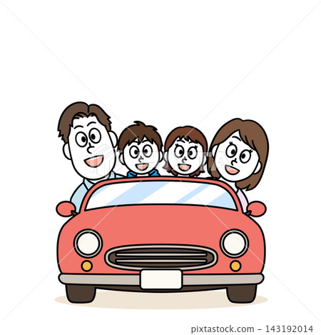 Family drive; a family of four in the car; front view. Family drive; a family of four in the car; front view. 143192014