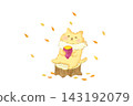 Cute cat sitting on a tree stump holding a roasted sweet potato - Autumn/Winter watercolor illustration 143192079