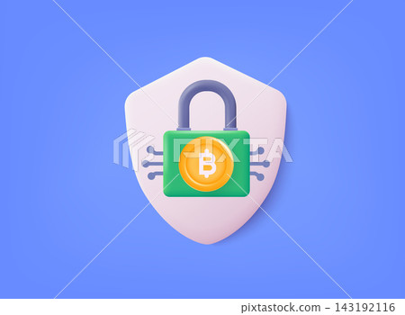 Shield with a bitcoin sign. Concept for bitcoin safety, financial technology. Online payment, security. Bitcoin digital wallet. Security protection concept. Blockchain digital technology. 3D vector 143192116