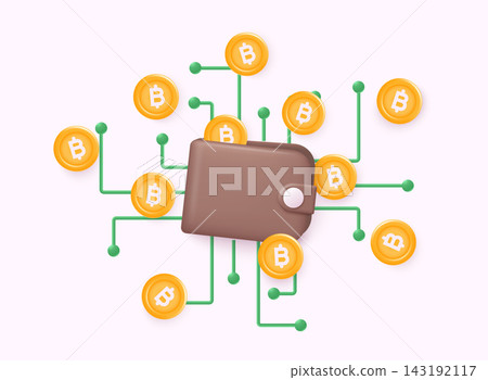 Bitcoin wallet with coins isolated on white background. Online shop, finance, banks, money-saving, cashless society concept. 3d vector illustration. Bitcoin wallet with coins isolated on white background. Online shop, finance, banks, money-saving, cashless society concept. 3d vector illustration. 143192117