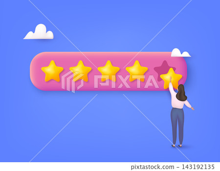 People Characters Giving Five Star Feedback. Vector customer review concepts. Reviews stars with good and bad rate and text. 3D Web Vector Illustrations People Characters Giving Five Star Feedback. Vector customer review concepts. Reviews stars with good and bad rate and text. 3D Web Vector Illustrations 143192135